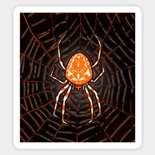 Pumpkin colored spider in black spider house on halloween Sticker